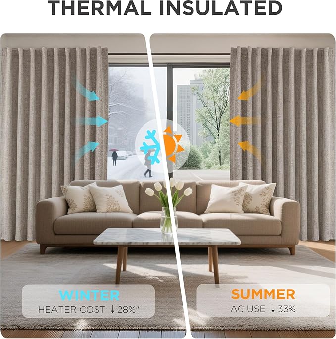 Joydeco 100% Blackout Curtains for Bedroom - Natural Linen Curtains 100"W x 96"L Long, Thermal Insulated 1 Panels Linen Light Blocking Drapes, Rod Pocket & Back Tabs, Darkening Privacy for Living Room