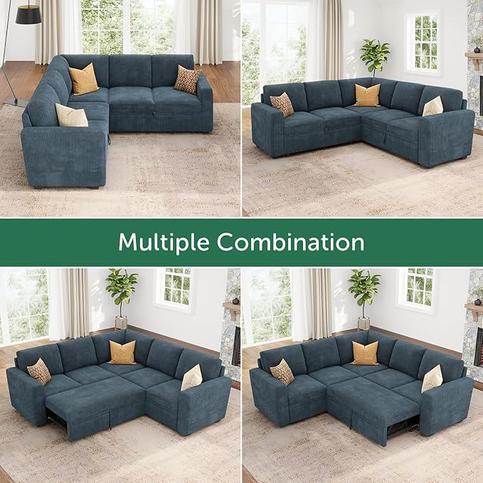 HONBAY Modular Sectional Sleeper Couch with Pull Out Bed, Corduroy L Shaped Sofa with Storage, Convertible Sectional Couches for Living Room, Blue