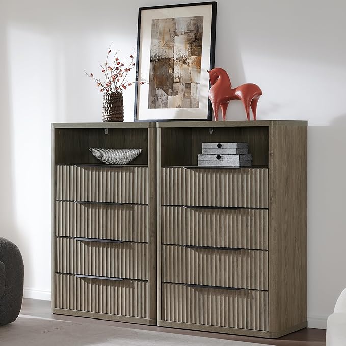 SICOTAS Dresser for Bedroom - Tall Dressers & Chests of Drawers with 4 Drawers Large Modern Dresser for Closet Fluted Wide TV Stand Clothes Closet Storage for Bedroom Hallway Entryway, Grey Alder