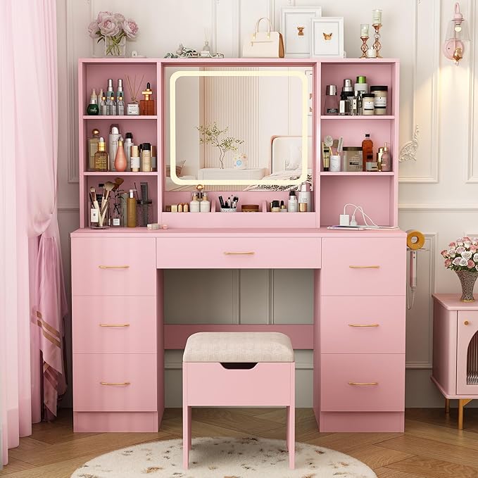 47 inch Large Vanity Desk w/ 7 Drawers,Cushion Stool,Outlet,6 Shelves,Pink Make up Vanity Table Set 3 Lighting Modes Brightness for Bedroom Dressing Room