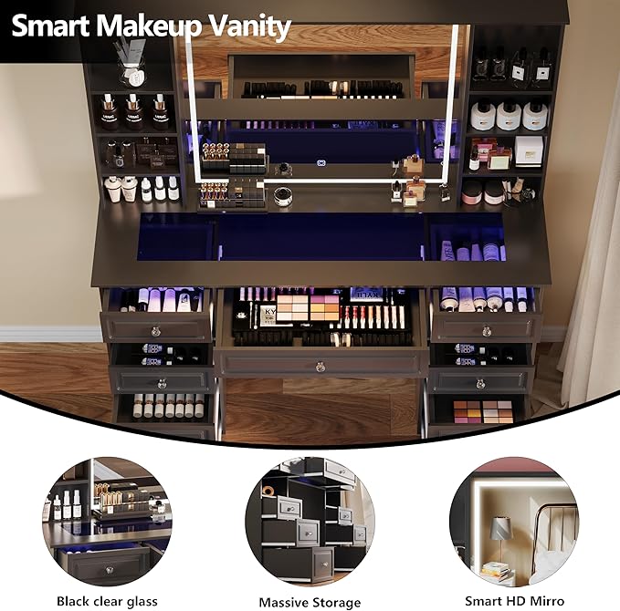 Extra Large Vanity Desk with Lighted Mirror, 47" Makeup Vanity with Glass Top, Black Vanity Table with 9 Drawers, Tall Vanity with Crystal Knobs for Bedroom (Minimalist Style)