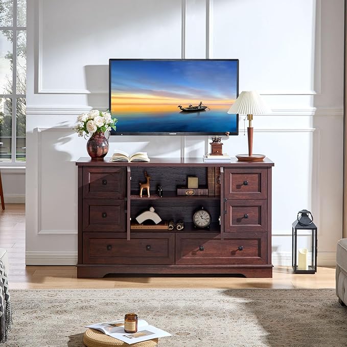 SOOWERY Dresser for Bedroom, Farmhouse Dresser with 6 Wooden Drawers and Storage Cabinet, 55 Inches Tall Chest of Drawers for Bedroom, Living Room, Hallway, Dark Cherry