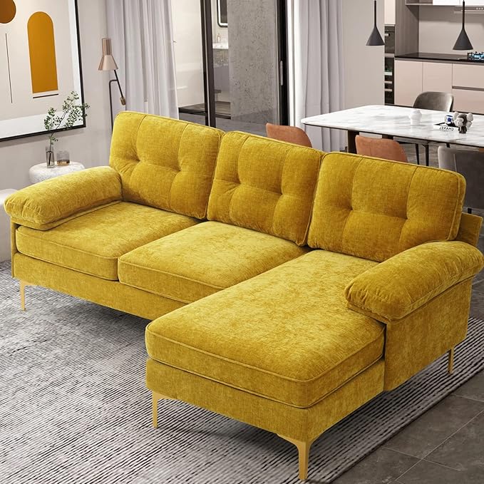 EASELAND 82" L-Shape Sofa with Reversible Chaise Lounge, Convertible Sectional Sofa Couch, Chenille Modern Sofa Couch for Living Room, Apartment and Office, Removable Cover (Yellow)