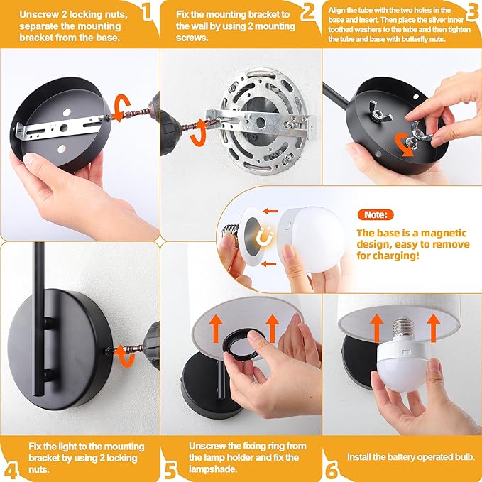 Battery Operated Wall Sconce Set of 2, Black Rechargeable Wireless Wall Light Fixture with Remote, 12 RGB Colors & Timer, Indoor Dimmable Wall Lamp with Linen Shade