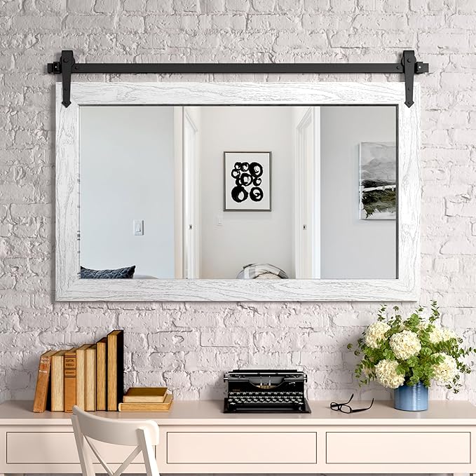 Farmhouse Mirror 42”x28” White Rustic Mirror for Wall Vanity Mirrors Barn Door Style Decor Bathroom Living Room Entryway Bedroom Mirrors