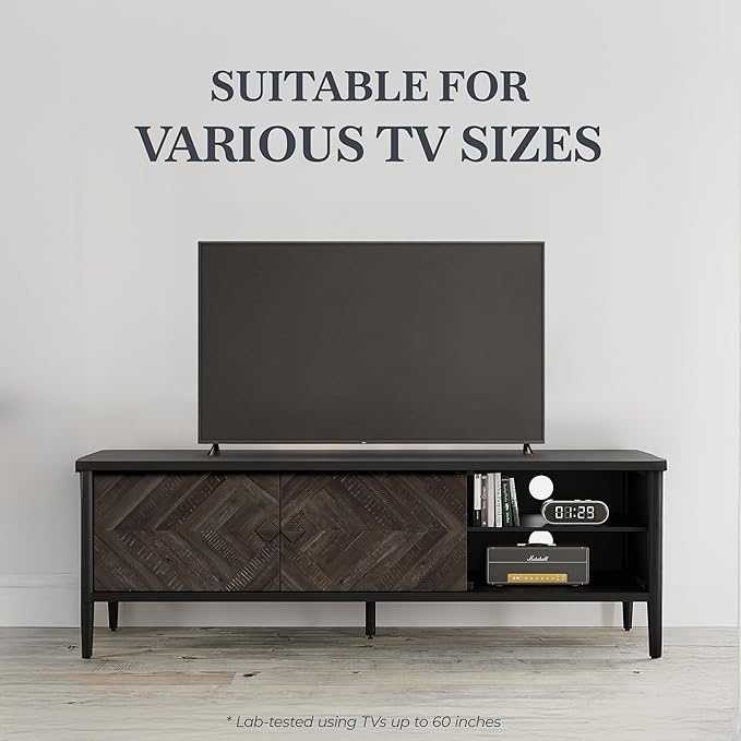 Lenia Solid Wood TV Stand – Mid-Century Modern Entertainment Center, Wooden Media Console with Chevron Doors, Adjustable Shelves & Cable Management – Sturdy Design – Mocha Black Finish