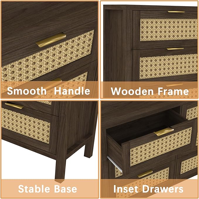 Boho 6 Drawer Dresser & 2 Nightstand Set for Bedroom, Wood Dresser with Gold Handle for Bed Room, Hallway, Brown Oak