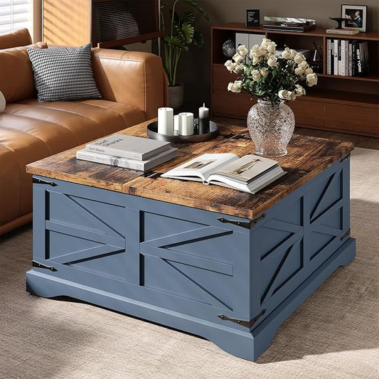 MXV Farmhouse Coffee Table with Storage, Square Coffee Tables for Living Room, Rustic Wood Center Table with Hinged Lifting Tabletop for Home, Blue