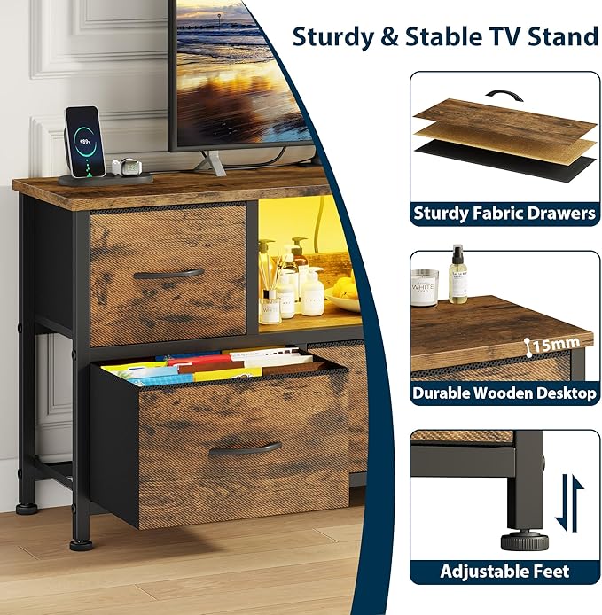 Lulive TV Stand for Living Room, LED Rustic Brown Dresser for Bedroom with 5 Fabric Drawers,43 55in TV Stand with Power Outlet, Entertainment Center with Open Shelf