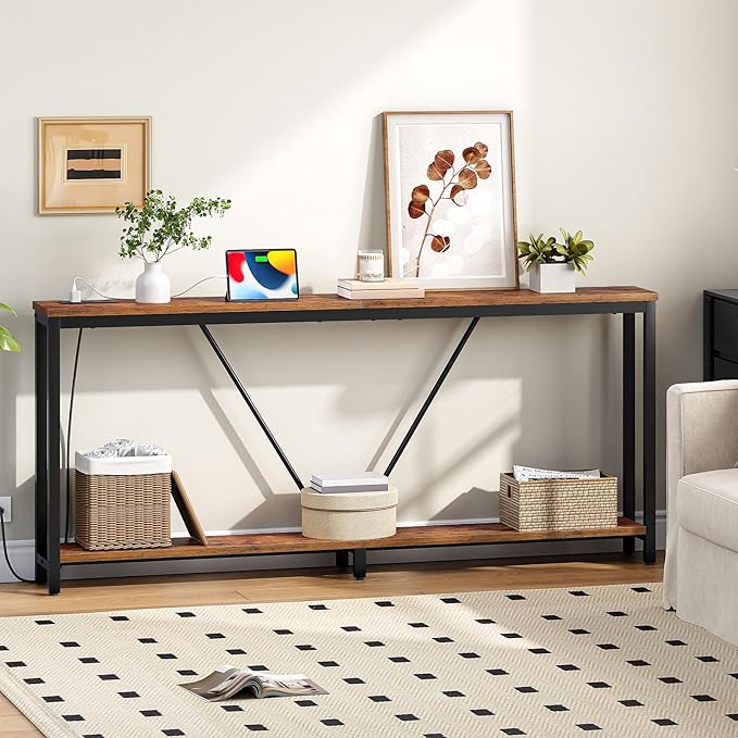 HOOBRO 70.9" Extra Long Sofa Console Table with Charging Station, 2-Tier Behind Couch Table with V-Brace, for Narrow Entryway, Hallway, Living Room, Rustic Brown BF186UXG01