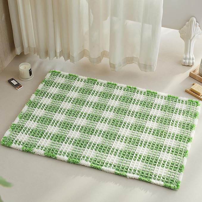 Waffle Bath Mat, Boho Bathroom Rugs Non Slip Washable Absorbent Checkered Bathroom Mat Quick Dry Cute Bath Mat, 36"x24" Green and White