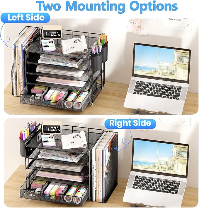 Desk Organizers and Accessories with File Holder, 5-Tier Office Desk Accessories & Workspace Desktop Organizer with Drawer and 2 Pen Holder, File Paper Organizer for Office Supplies(Black)