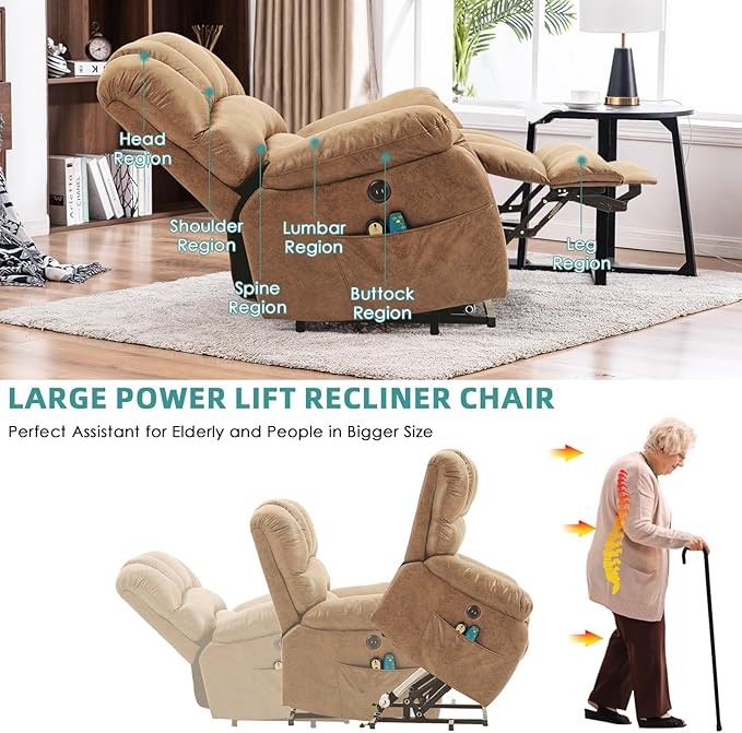 MEETWARM Large Power Lift Electric Recliner Chair with Extended Footrest for Elderly, Big and Tall Lift Chair for Seniors Reclining Chair for Living Room with Massage and Heated,USB Ports(Sand)