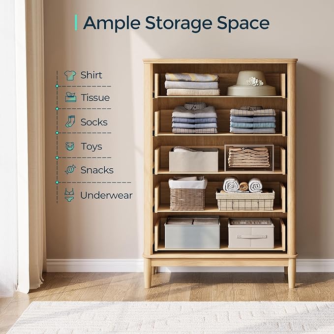 LINSY HOME Fluted Dresser for Bedroom with 5 Drawers, 46" Tall Chest of Drawers, Mid Century Modern Dresser with Metal Handle, Wood Closet Storage Cabinet for Living Room, Hallway, Oak