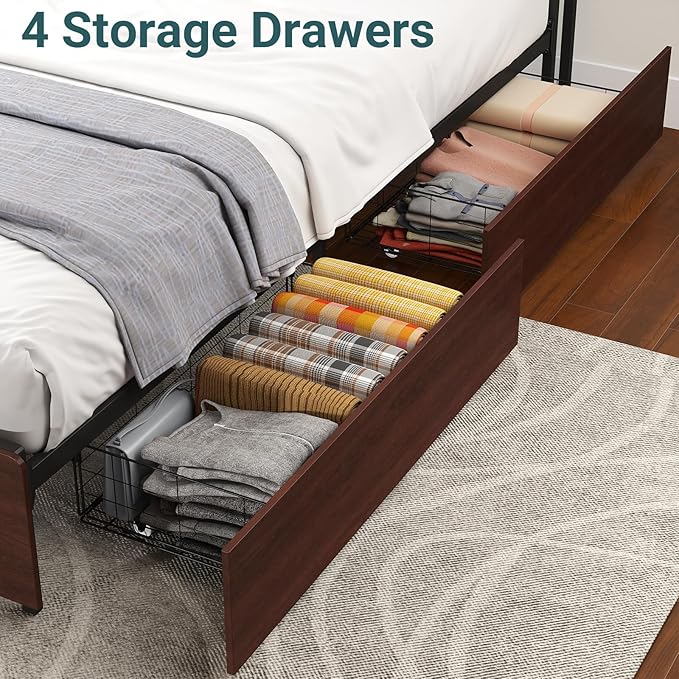 Full Size Bed Frame with 4 Storage Drawers, Full Platform Bed Frames with 2 Tier Storage Headboard, Charging Station, Adjustable LED Light, Noise-Free, No Box Spring Required, Reddish Brown