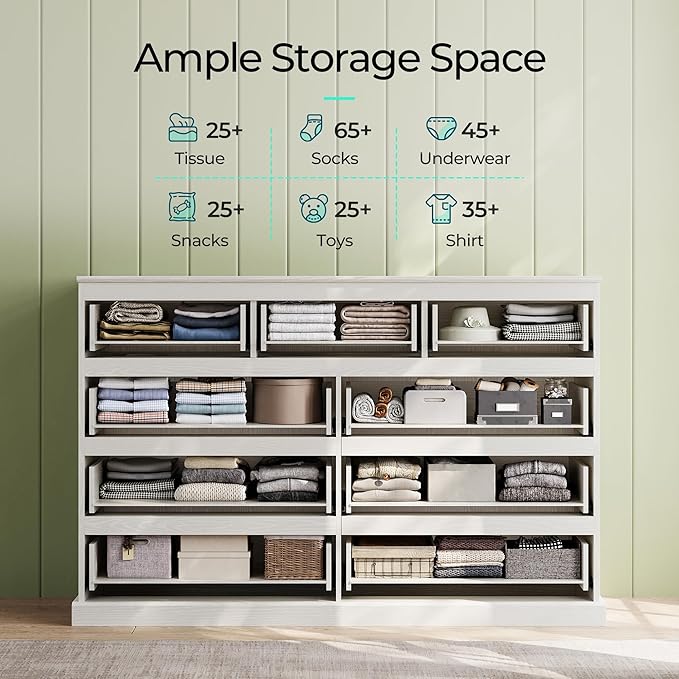 LINSY HOME 9 Drawer Dresser for Bedroom, 53" Wide Chest of Deep Drawers, Modern Farmhouse TV Stand Dressers with Storage, Large Drawer Organizer for Bedroom, Living Room, Handless Design, White