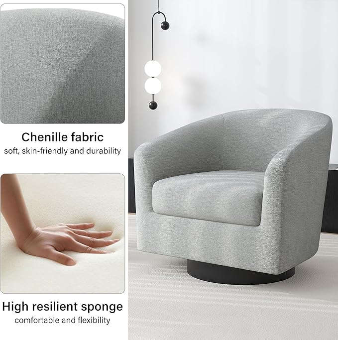 Swivel Barrel Accent Chair, Modern Round Chenille Fabric Arm Chair for Living Room, Bedroom, Comfy Club Reading Chairs for Adults（Chenille Fabric, Light Grey, Set of 2