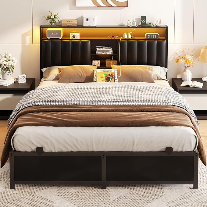 Aheaplus Full Size Bed Frame with Charging Station & Led Light, Platform Bed with Leather Upholstered Headboard and Storage, Metal Slats Support, No Box Spring Needed, Noise-Free, Black