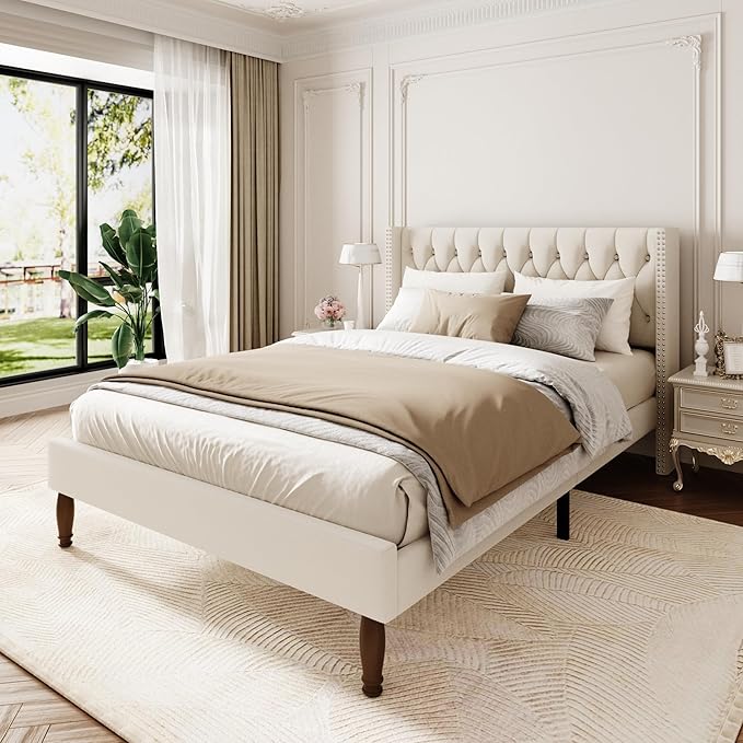 Queen Size Velvet Upholstered Bed Frame, 49.2" Tall Wingback Headboard, Deep Button Tufted, No Box Spring Needed, Solid Wood Legs, White