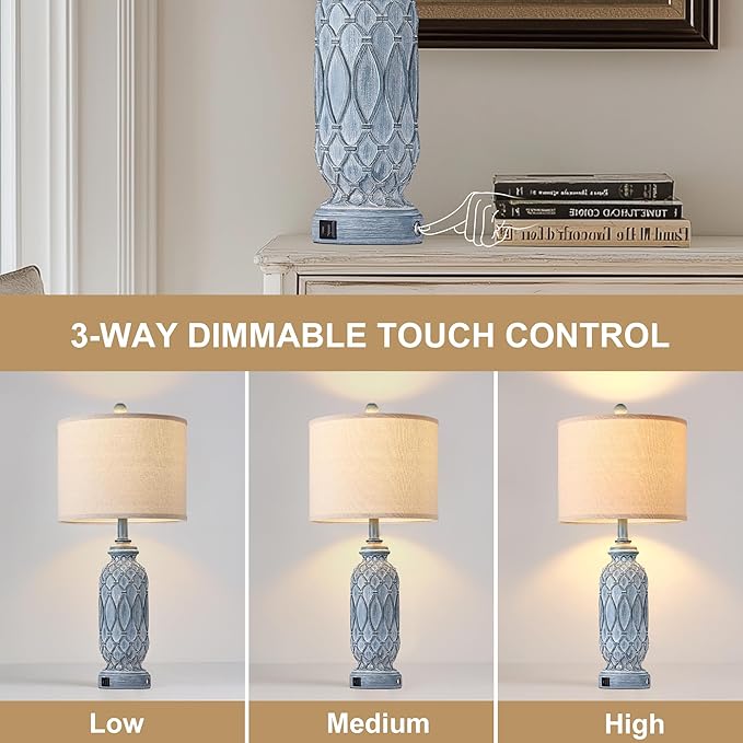 Farmhouse Lamps for Bedroom Set of 2, 28" Rustic Lamps for Living Room with USB Ports, 3-Way Dimmable Nightstand Table Lamp (Bulbs Included)