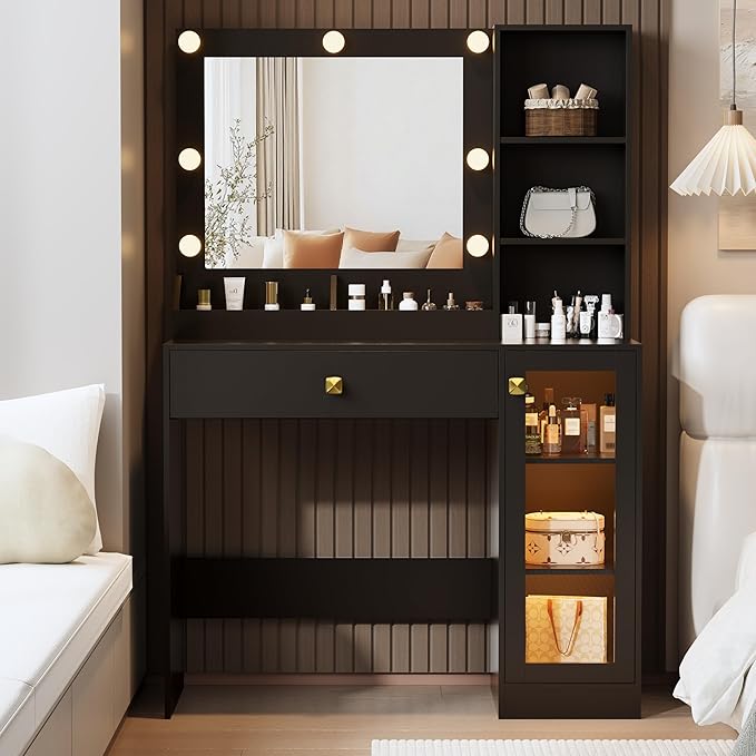 Makeup Vanity with Mirror and Lights, 34'' Wide Dressing Table with Charging Station & RGB Glass Cabinet, Small Vanity Desk with 3 Color Lighting Modes & Adjustable Brightness, Black