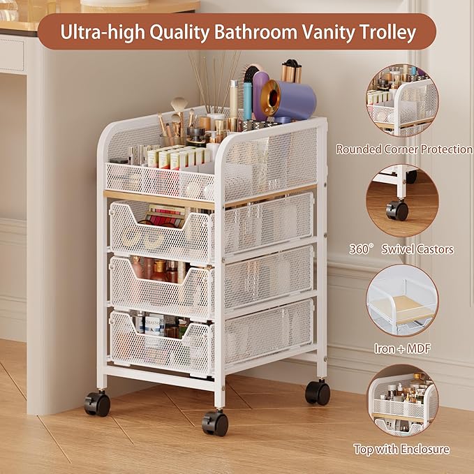 Rolling Makeup Cart Organizer with 3 Drawers, 4-Tier Narrow Floor Skincare Organizers with dividers, Vanity Organizer Cosmetics Display Cases for Makeup Brush, Hair Tool, White