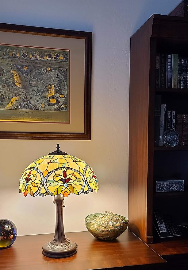Tiffany Style Table Lamp Banker 23" Tall Stained Glass Green Tan Orange Yellow Floral Flower Vintage Antique Light Décor Living Room Bedroom Handmade Gift AM313TL16B Amora Lighting