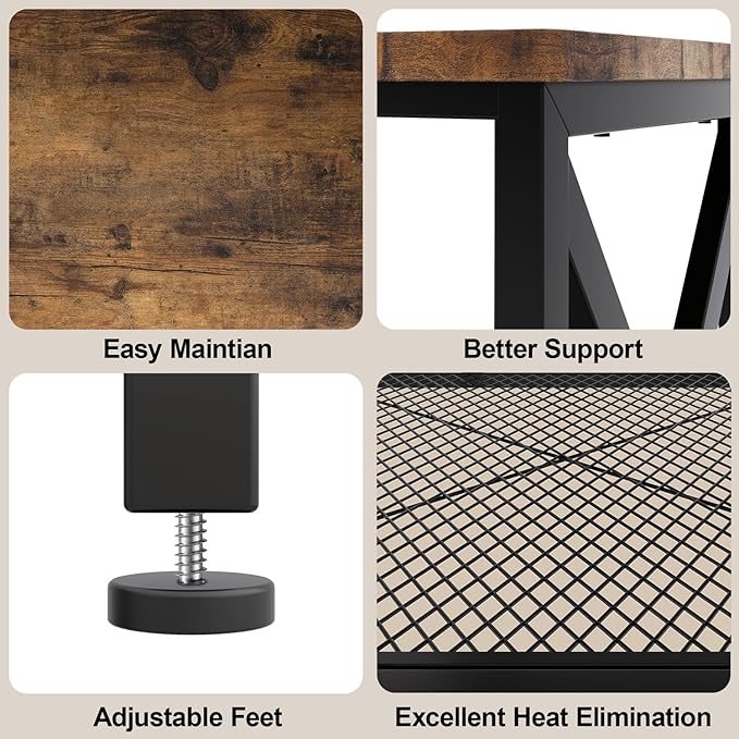 Gizoon 59.8" Industrial TV Stand for 55-65 Inch TVs, Rustic Brown, 3-Tier Media Entertainment Center with Open Shelves, Metal Frame, Sofa Table for Living Room, Bedroom, Office