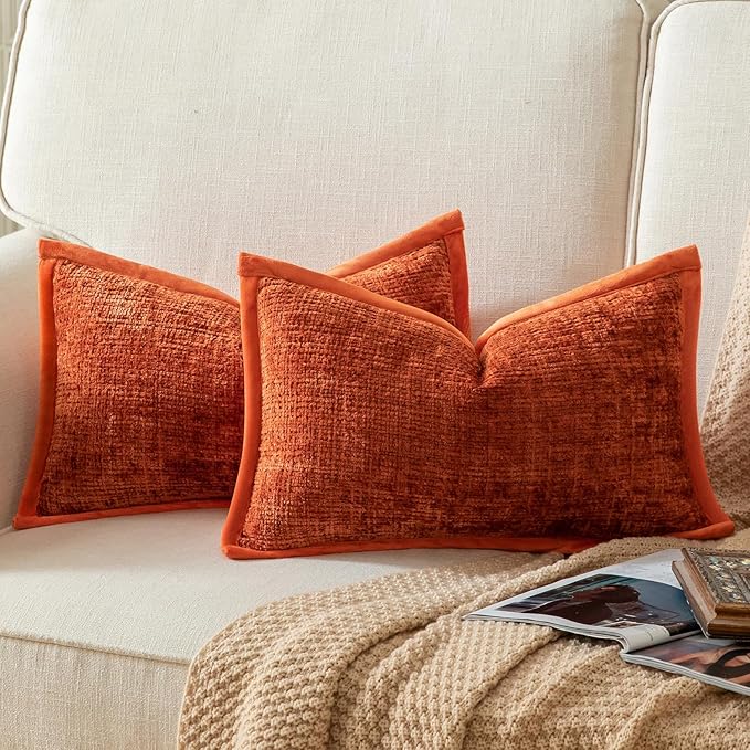 Yaertun Pack of 2 Chenille Textured Decorative Throw Pillow Covers Accent Solid Cushion Cover Soft Cozy Pillow Case with Velvet Back for Couch Sofa Bed Living Room 16x24 Inch Rust