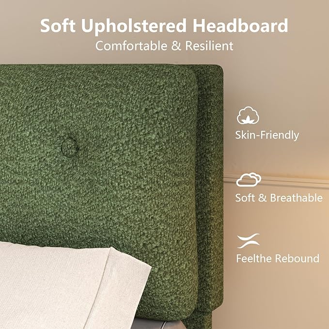 Twin Bed Frames,Breathable Boucle Fabric Upholstered Bed Frame Twin with Headboard,Removable and Washable,Wood Slat Support,No Box Spring Needed,Easy Assembly,Cama Individual,Green