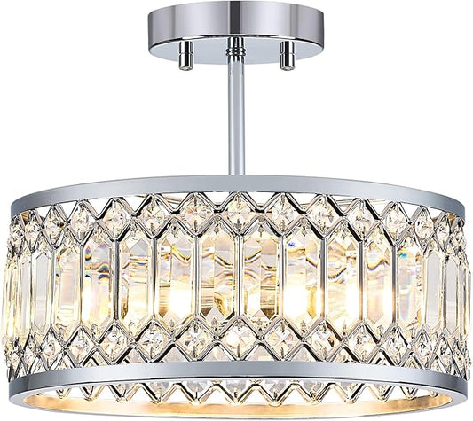 Crystal Chrome Ceiling Light, Modern Semi Flush Mount Ceiling Lighting Fixture, Round Hallway Lighting Fixtures Chandelier for Kitchen Entryway Bedroom Dining Room, 3-Light, 12.2 Inch