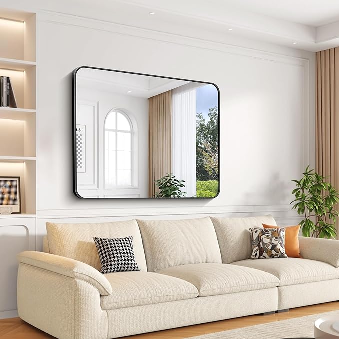 Bathroom Mirror, 48x36 inch Black Rectangle Wall Mirror, Metal Frame Rounded Corner Vanity Mirror, Large Wall Mounted Mirror for Over Sink Bedroom Living Room Horizontal Or Vertical Mounting