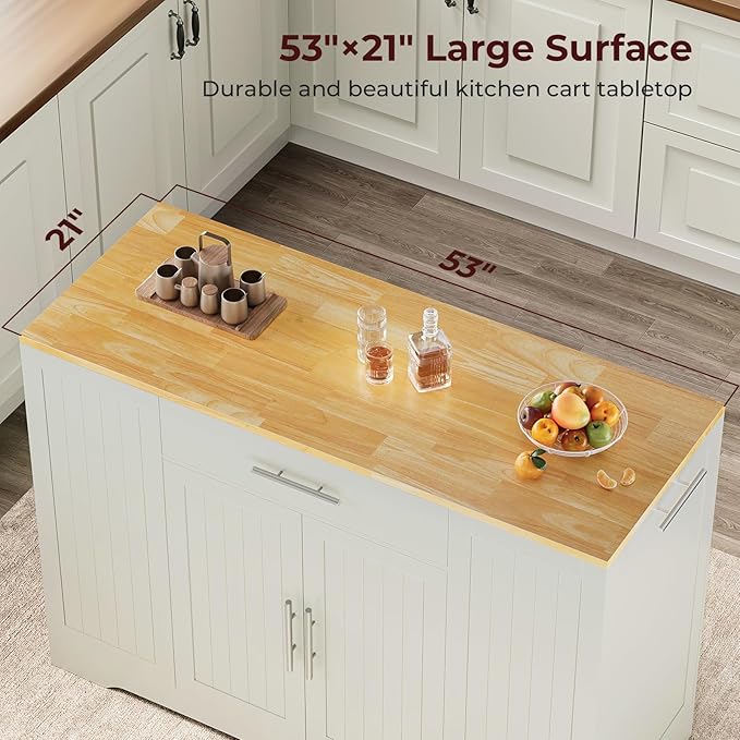 53" Long Kitchen Island with Trash Can Storage, White Kitchen Cart with Garbage Bin 10 Gallon, Portable Island with Trash Can, Wood Top, Spice Rack and Drawers