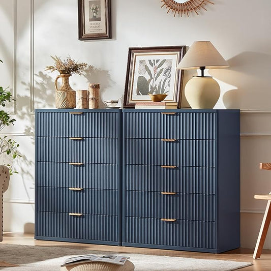 LEYAOYAO Fluted 5 Drawers Dresser Set of 2, 41" Tall Modern Chest of Drawers with Metal Handle, Curved Profile Dresser TV Stand, Wooden Drawer Organizer for Bedroom, Living Room, Hallway, Navy Blue
