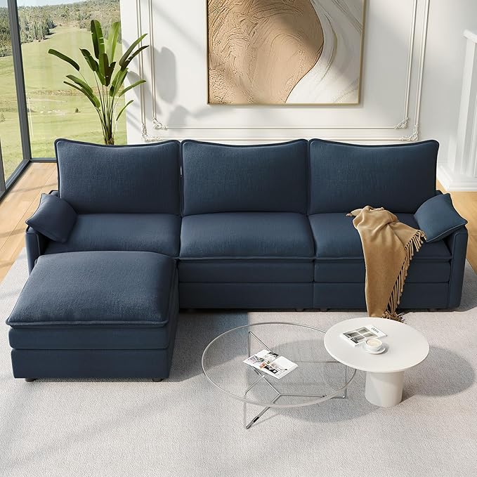 Vesgantti 108" Modular Sectional Sofa, Comfy Cloud Couch with Movable Ottoman Deep Seat Chenille L Shaped Modular Sofa, Sectional Couches for Living Room, Bedroom and Apartment, Blue