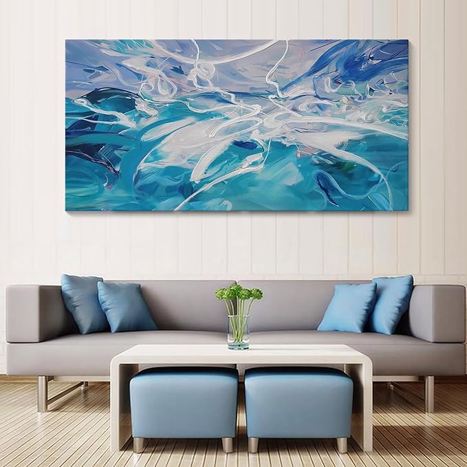 Blue Abstract Wall Art Modern Canvas Wall Paintings White Abstract Art for Living Room Pictures for Bedroom Wall Decor Office Home Decor Framed Artwork for Walls 29×58IN