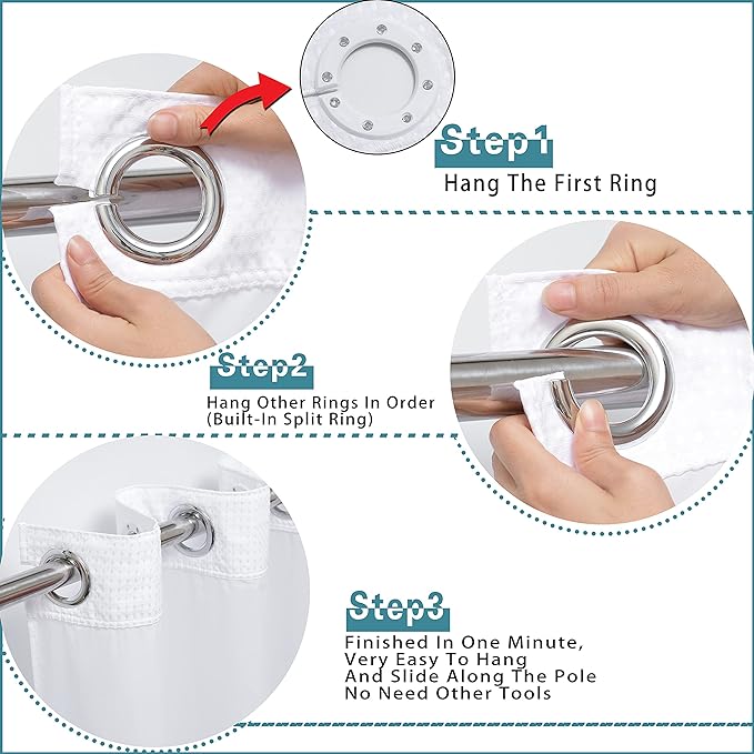 Conbo Mio Stall No Hook Waffle Weave Shower Curtain with Snap in Liner Set, Hotel Luxury White Shower Curtains for Bathroom with See Through Top Window, Waterproof, Washable 36W x 74H