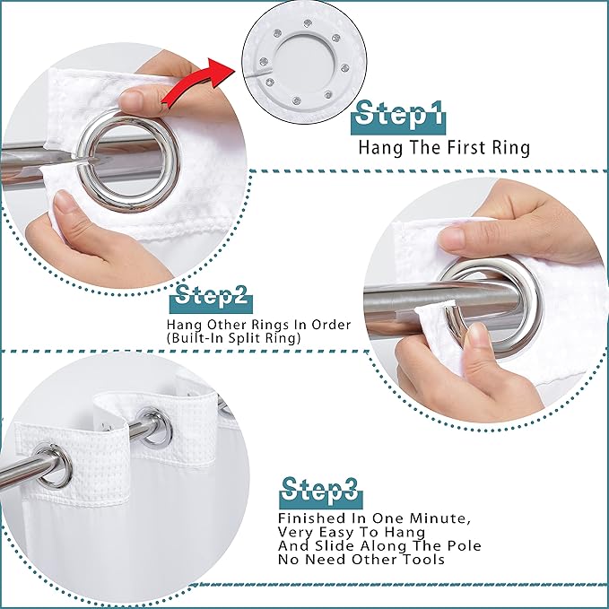 Conbo Mio No Hook Waffle Weave Shower Curtain with Snap in Liner Set, Hotel Luxury White Shower Curtains for Bathroom with See Through Top Window, Waterproof, Washable 71W x 74H