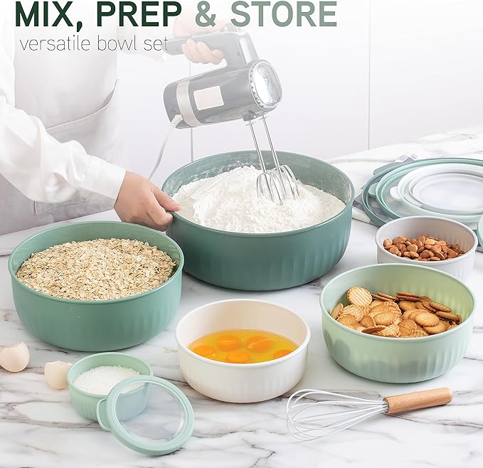 COOK WITH COLOR Prep Bowls with Lids- Wide and Deep Nesting Plastic Small Mixing Bowl Set with Lids, 12 Piece Set - Wide Bowls, Sage