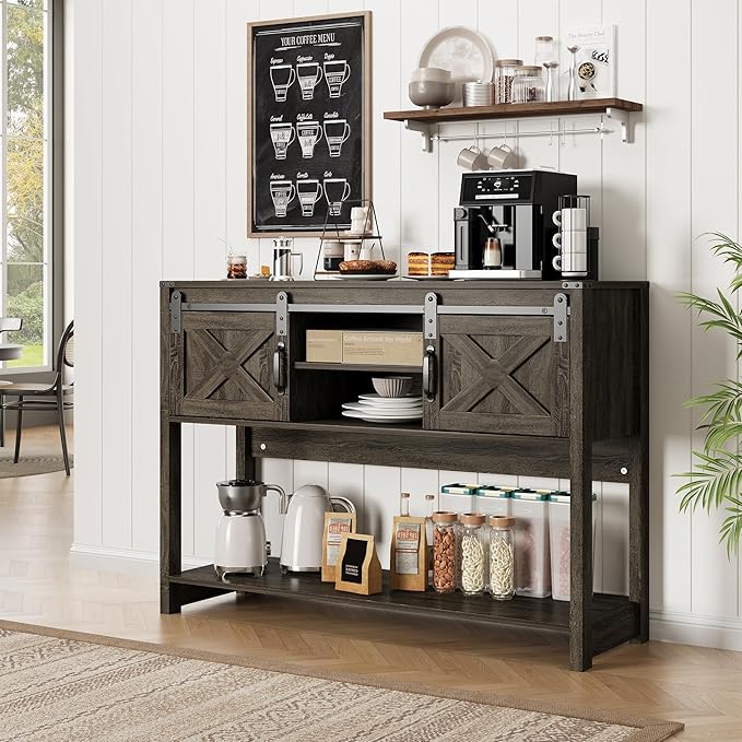 Console Table with Storage Shelf & Sliding Barn Door, Farmhouse Entryway Table with Storage, 46" Narrow Long Sofa, Behind Couch, Console Tables for Living Room (Dark Grey)