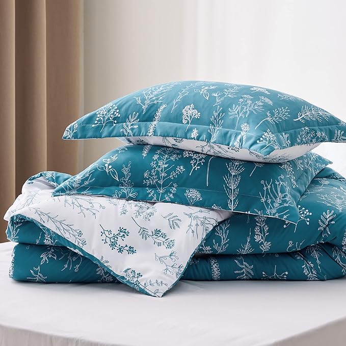 Bedsure Queen Comforter Set - Teal Blue Bed Set, 3 Pieces Cute Floral Bedding, 1 Soft Reversible Botanical Flowers Comforter and 2 Pillow Shams