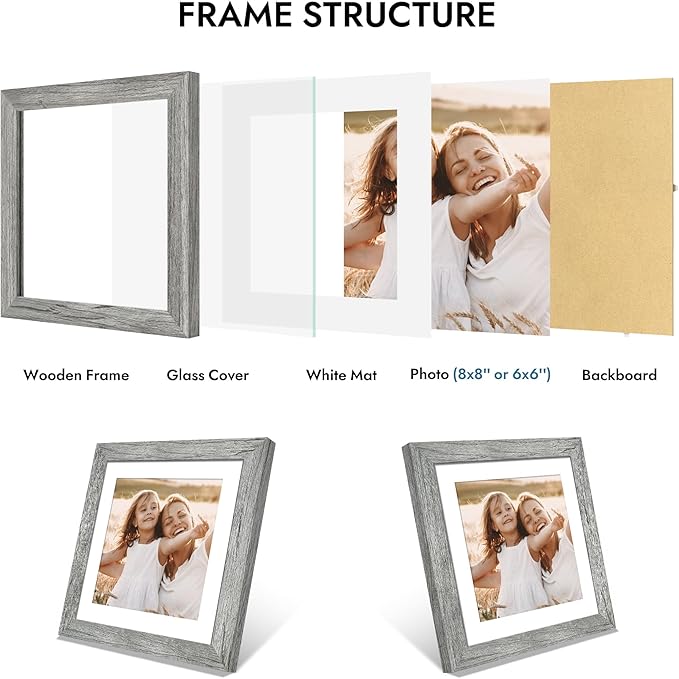 8x8 Picture Frame with Glass, Display Pictures 6x6 with Mat or 8 x 8 without Mat - Wall and Tabletop, 8 by 8 Photo Wooden Frames (Grey, 1 Pack)