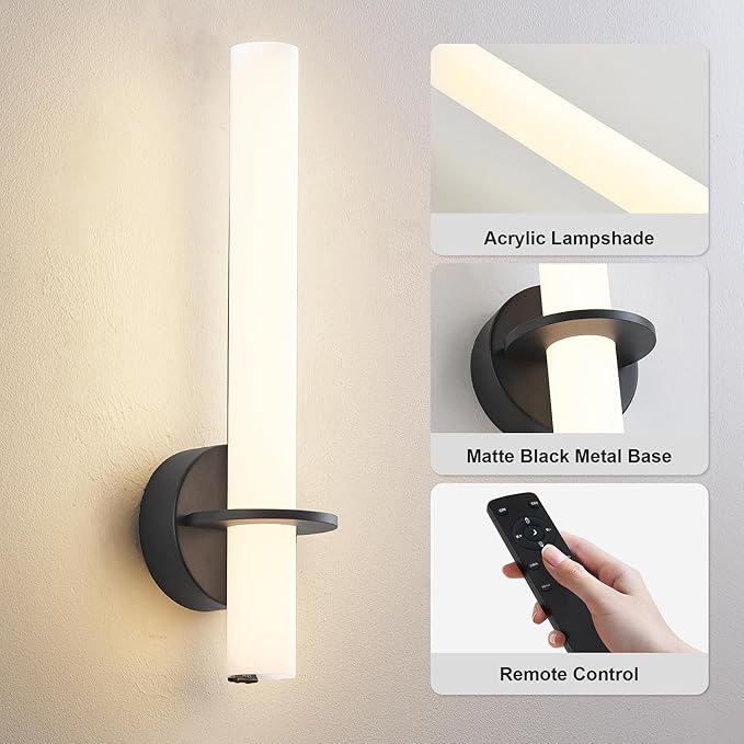 Black Battery Operated Wall Sconce Set of 2,Rechargeable Wireless Wall Lights with Remote Control,Dimmable,3000K-6000K,360° Rotation, Cordless Wall Lighting for Living Room,Bedroom,Stairway,18 Inch