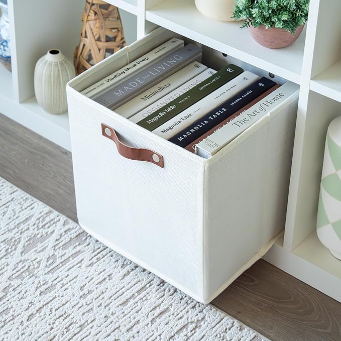 OrganiHaus White 12x12 Fabric Storage Bins - Set of 4, Cube Fabric Organizer Bins with Vegan Handles, Kallax Storage Cubes, Cubbies Organizer Boxes, 12Inch Cubic Baskets for Shelves