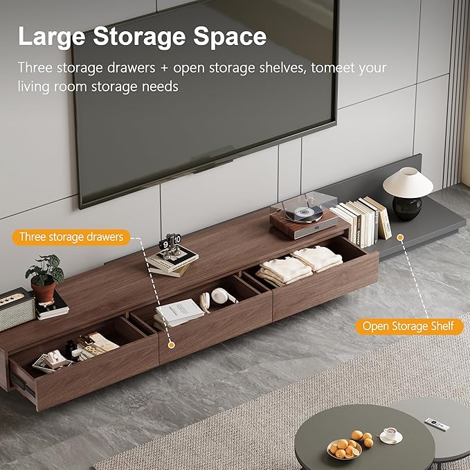 78.7–130" Extendable TV Stand with 3 Drawers - Mid-Century Modern Adjustable Entertainment Center, Perfect for Living Room, Walnut