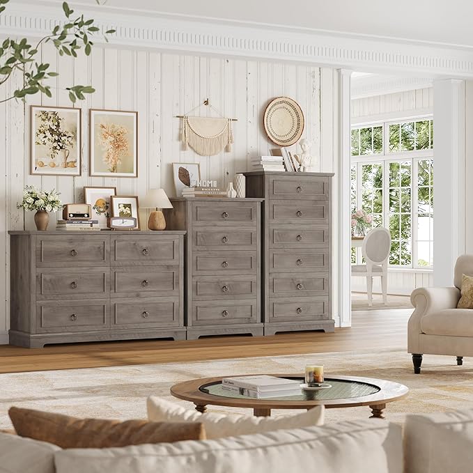 HOSTACK 6 Drawer Dresser for Bedroom, 52" Tall Dresser, Modern Farmhouse Vertical Chest of Drawers for Bedroom, Wooden Closet Chest, Wood Storage Cabinet for Living Room, Hallway, Entryway, Ash Grey