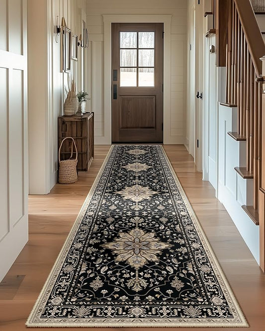 Area Rugs 2'x10' Washable Non-Slip, Floral Vintage Distress Print Pattern Medallion Carpet for Living Room Bedroom Dining Room, Black Brown Neutral Dark Tan