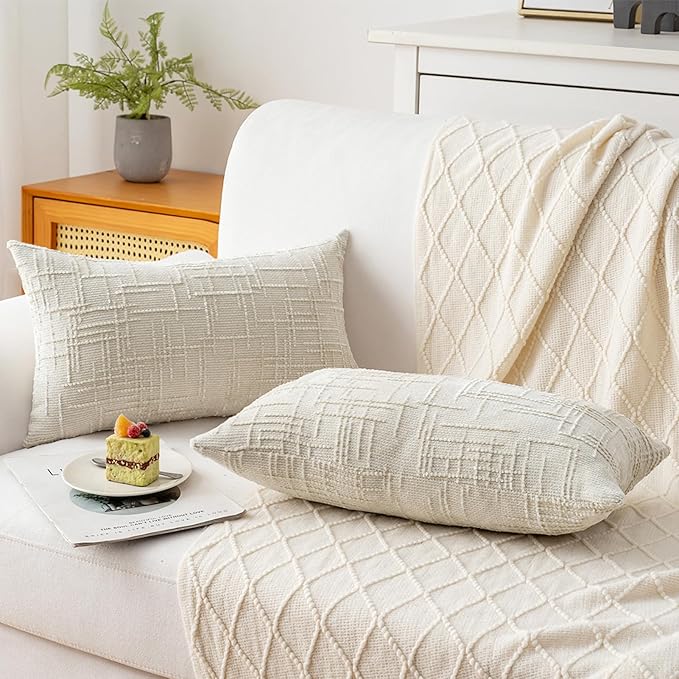 Decorative Throw Pillow Covers 12x20 Inch Set of 2, Thick Solid Farmhouse Chenille Couch Pillows, Spring Pillow Covers for Couch Sofa Bed Living Room Home Decor Pillowcase,White