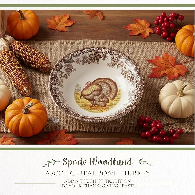 Spode Woodland Thanksgiving Turkey 8" Ascot Cereal Bowl - Classic Holiday Tableware, Salad, Dessert, Nut Bowl with British Flowers Border, Fine Earthenware - Microwave, Oven, Freezer, Dishwasher Safe