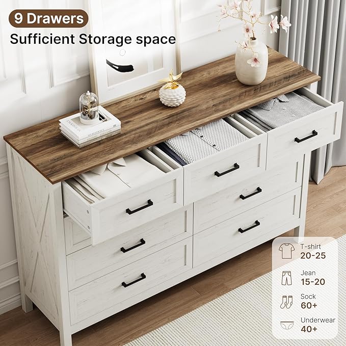 LYNSOM Farmhouse 9 Drawer Dresser for Bedroom, 55 Inch Wide Wood Rustic Chest of Drawers with X-Marking & Bar Handle, Large Storage Dressers Organizer for Bedroom, Living Room, Antique White